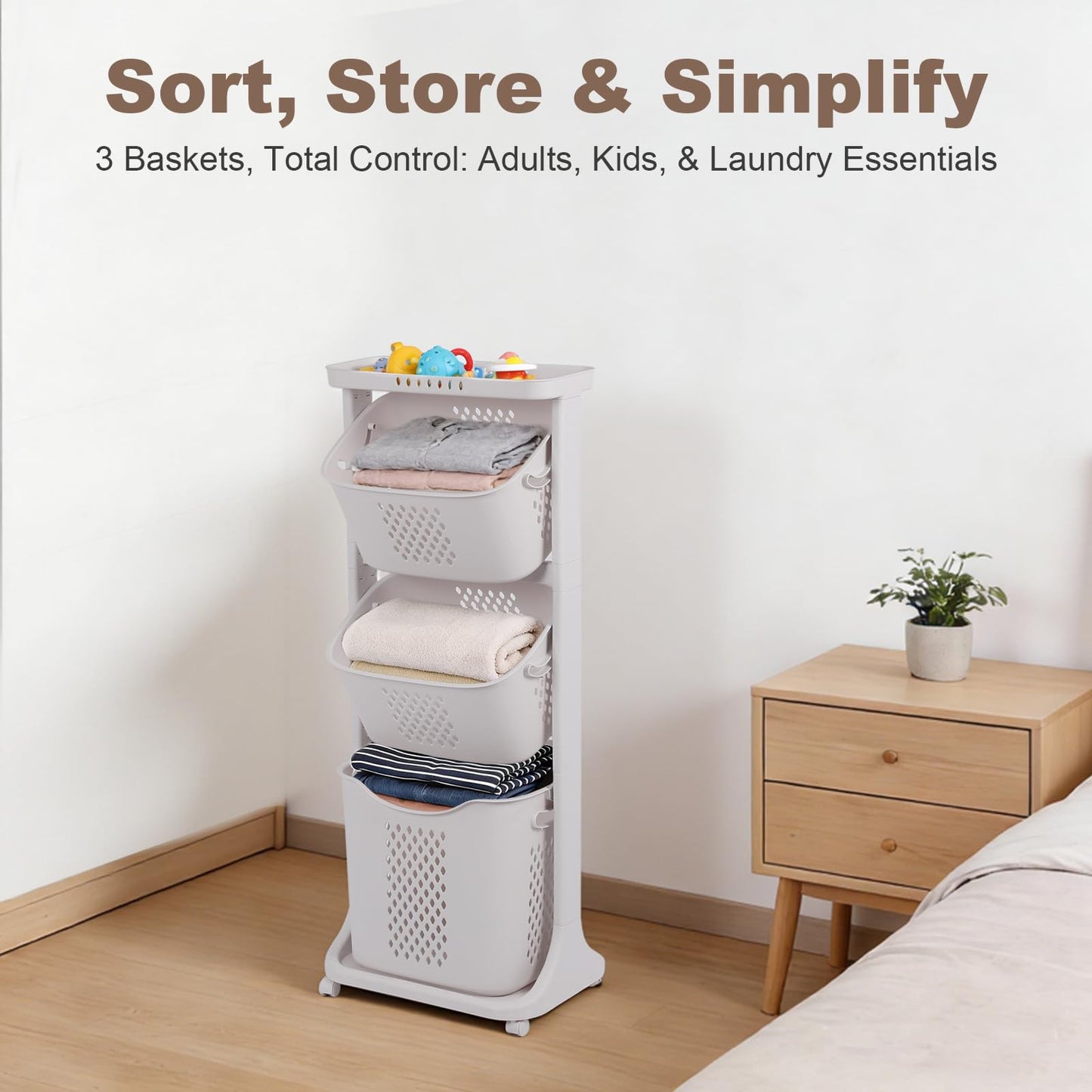 FAHKNS 3-Tier Laundry Hamper Sorter Cart with Wheels, Large 75L Capacity Hamper Organizer, Rolling