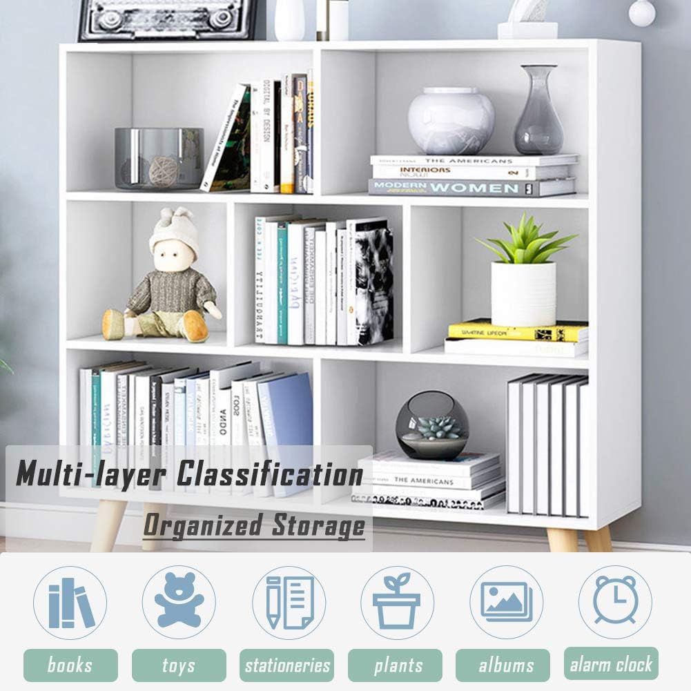 IOTXY Wooden Open Shelf Bookcase - 3-Tier Floorstanding Display Cabinet Rack with Legs, 7 Cubes