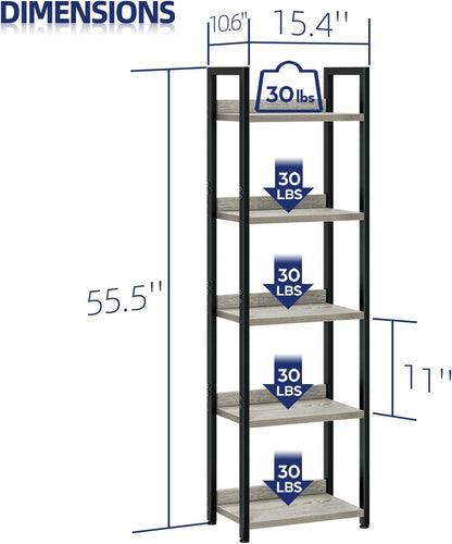 NUMENN Narrow Bookshelf, 5 Tier Bookshelves, Home Office Bookcase Shelf Storage Organizer, Free