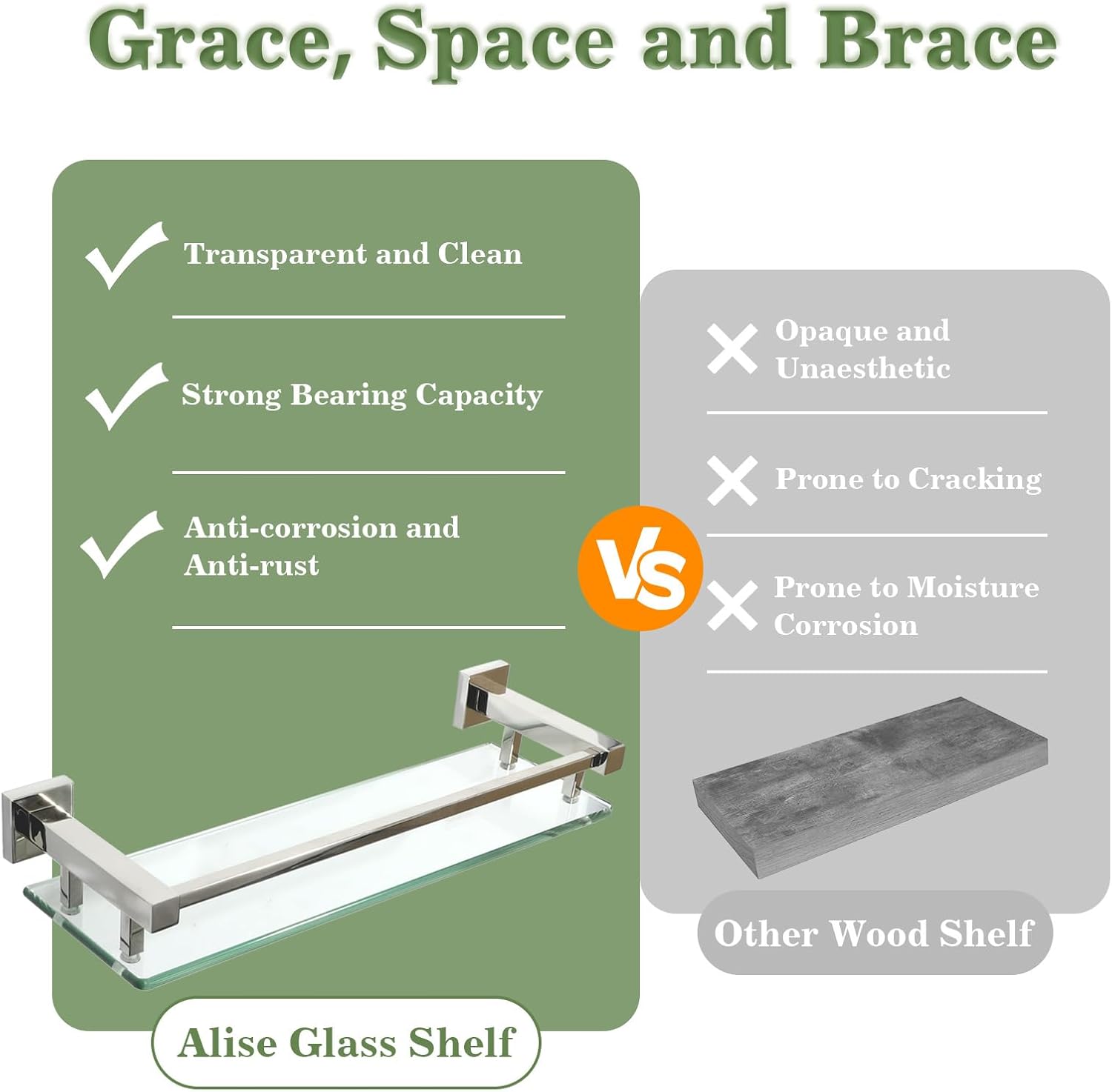 Alise Bathroom Glass Shelf with Stainless Steel Railing, Polished Chrome Small Tempered Glass
