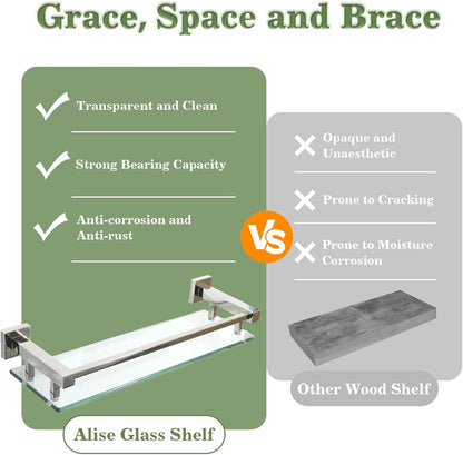 Alise Bathroom Glass Shelf with Stainless Steel Railing, Polished Chrome Small Tempered Glass