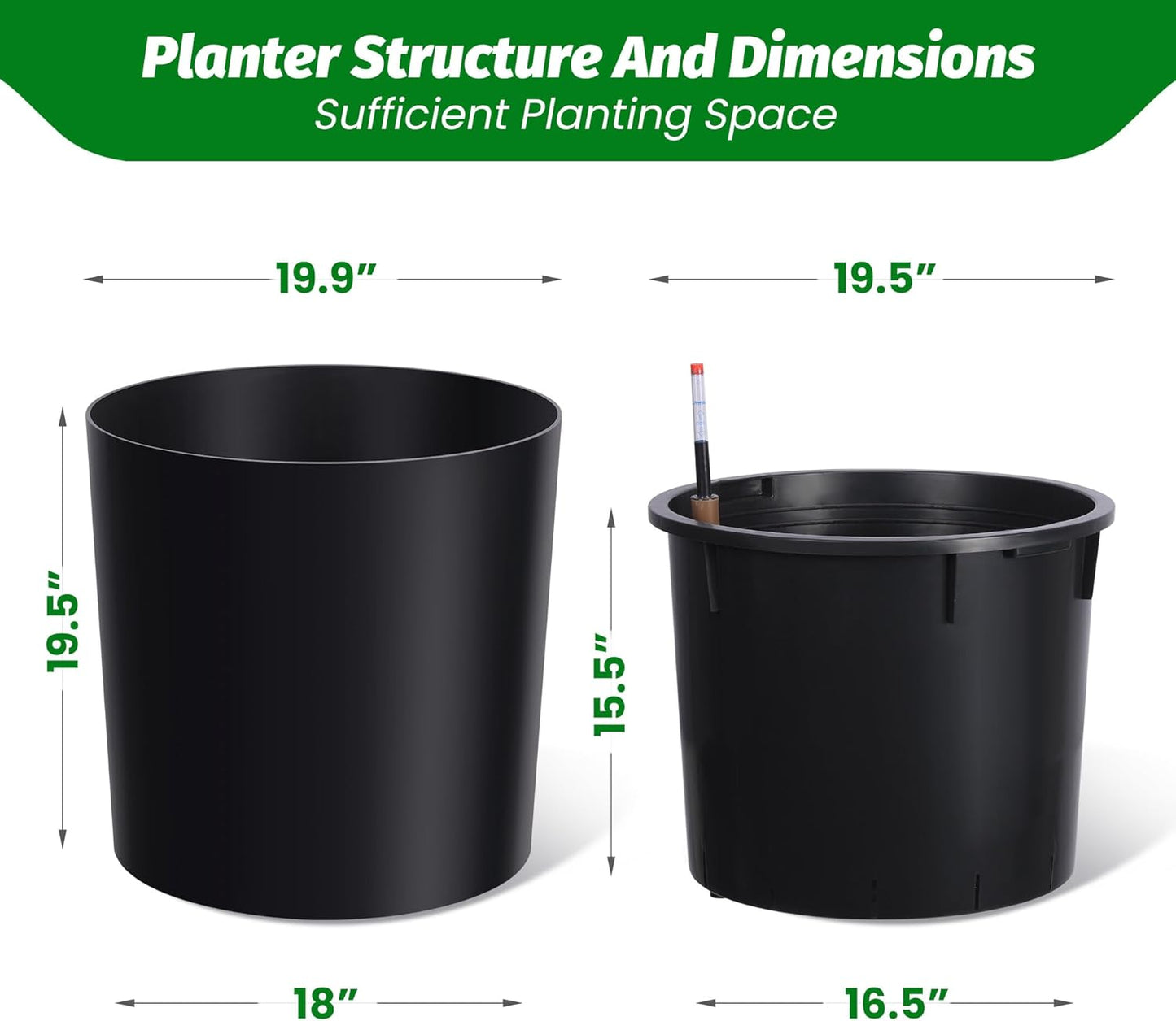Tall Round Planter Set of 2, 19.5‘’ H x 19.9" Dia Large Planters for Indoor Plants with Built-in