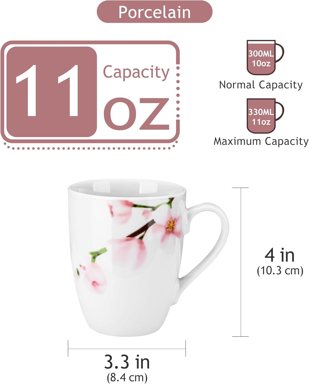 VEWEET Coffee Mugs Set of 6, 11 OZ Coffee Cups Set with Handle, Floral Mug Sets Ceramic Cup Set for