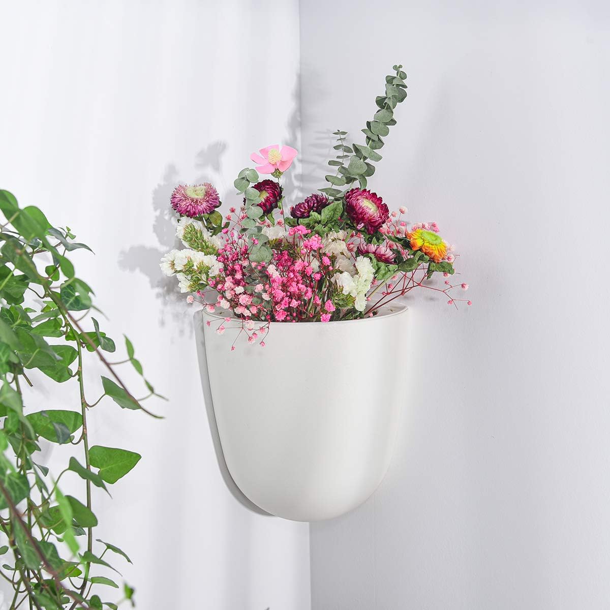 Sungmor Wall Hanging Corner Planters, 4PC White Wall Mounted Flower Pots, Self Watering Wall
