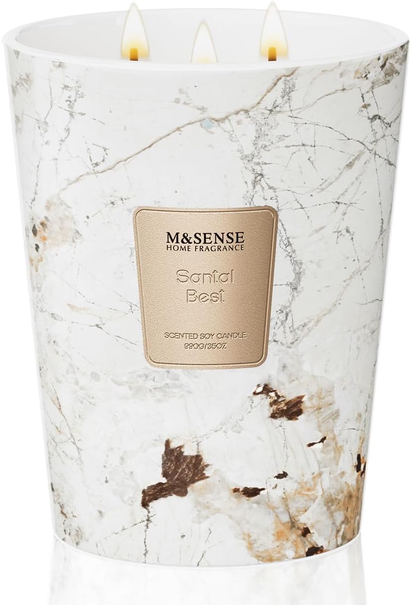 M&SENSE Santal Scented Candles for Home, 3-Wick Highly Scented Jar Candles, Extra Large Candle 35