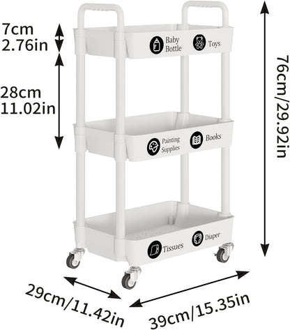 Laiensia 3-Tier Rolling Cart with Wheels,Multifunction Utility Storage carts, Kitchen Storage