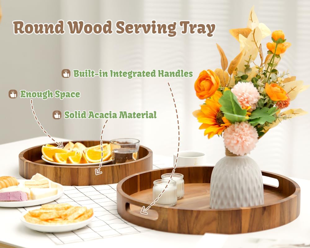 Round Wood Serving Trays Set of 2, Ottoman Tray Rustic Acacia Wooden Trays with Handles, Nesting