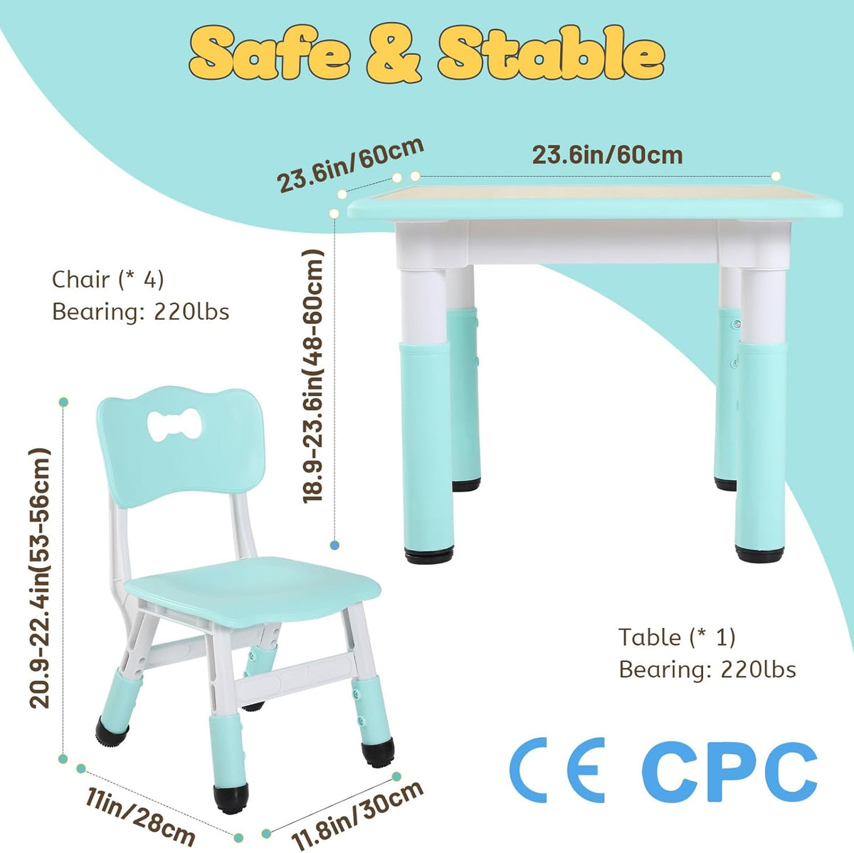 FUNLIO Kids Table and 4 Chairs Set, Height Adjustable Toddler Table and Chair Set for Ages 3-8