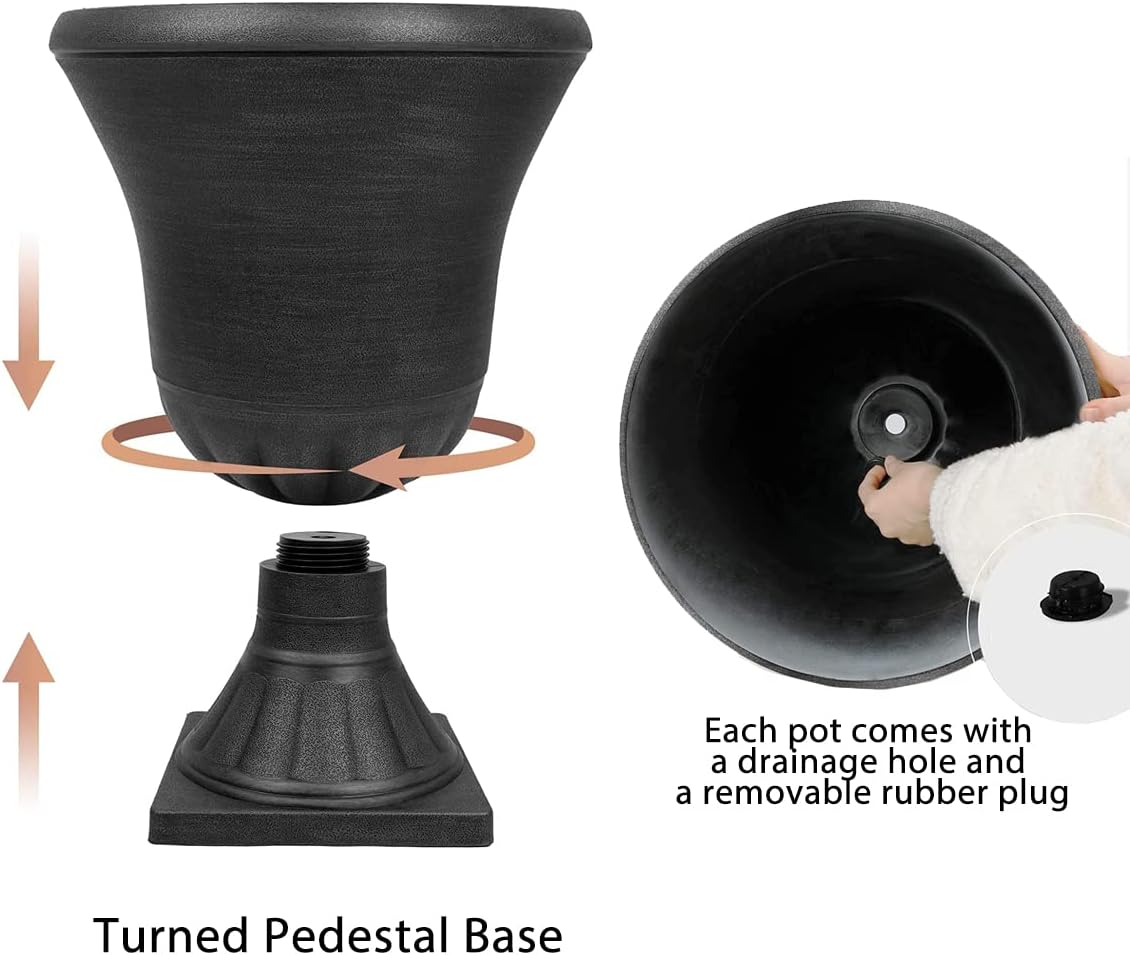 Worth Garden 2-Pack Plastic Urn Planters for Outdoor Plants, 22'' Black Tall Round Classic Resin