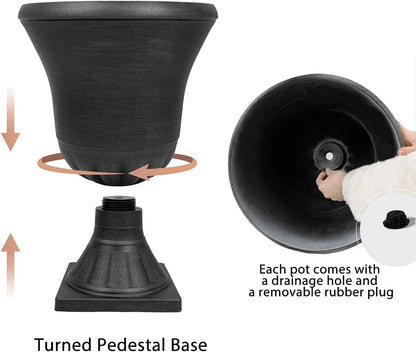 Worth Garden 2-Pack Plastic Urn Planters for Outdoor Plants, 22'' Black Tall Round Classic Resin
