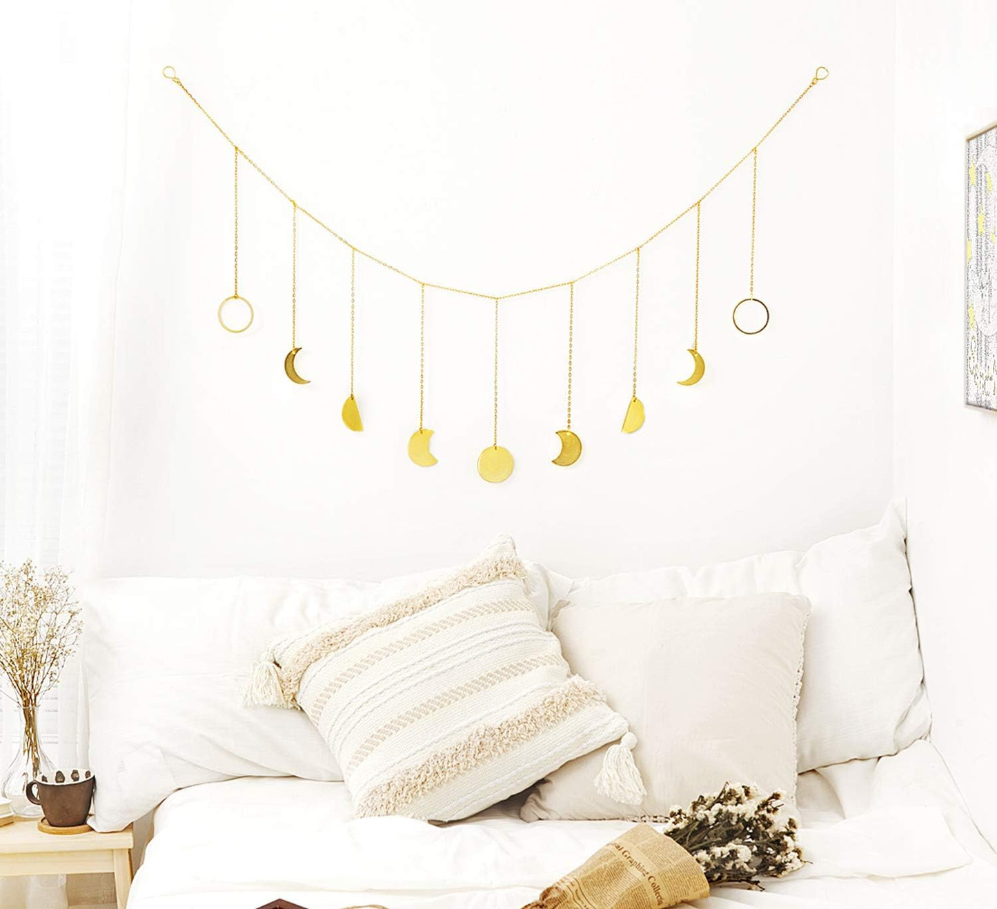 Mkono Moon Phase Wall Hanging Boho Aesthetic Room Decor Metal Moons Garland Hanging Art Bohemian