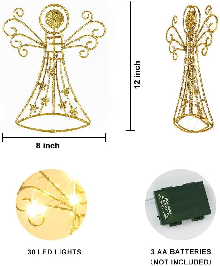 hogardeck Christmas Tree Topper, Glittered Gold Angel Tree Topper for Christmas Treetop, 30 LED