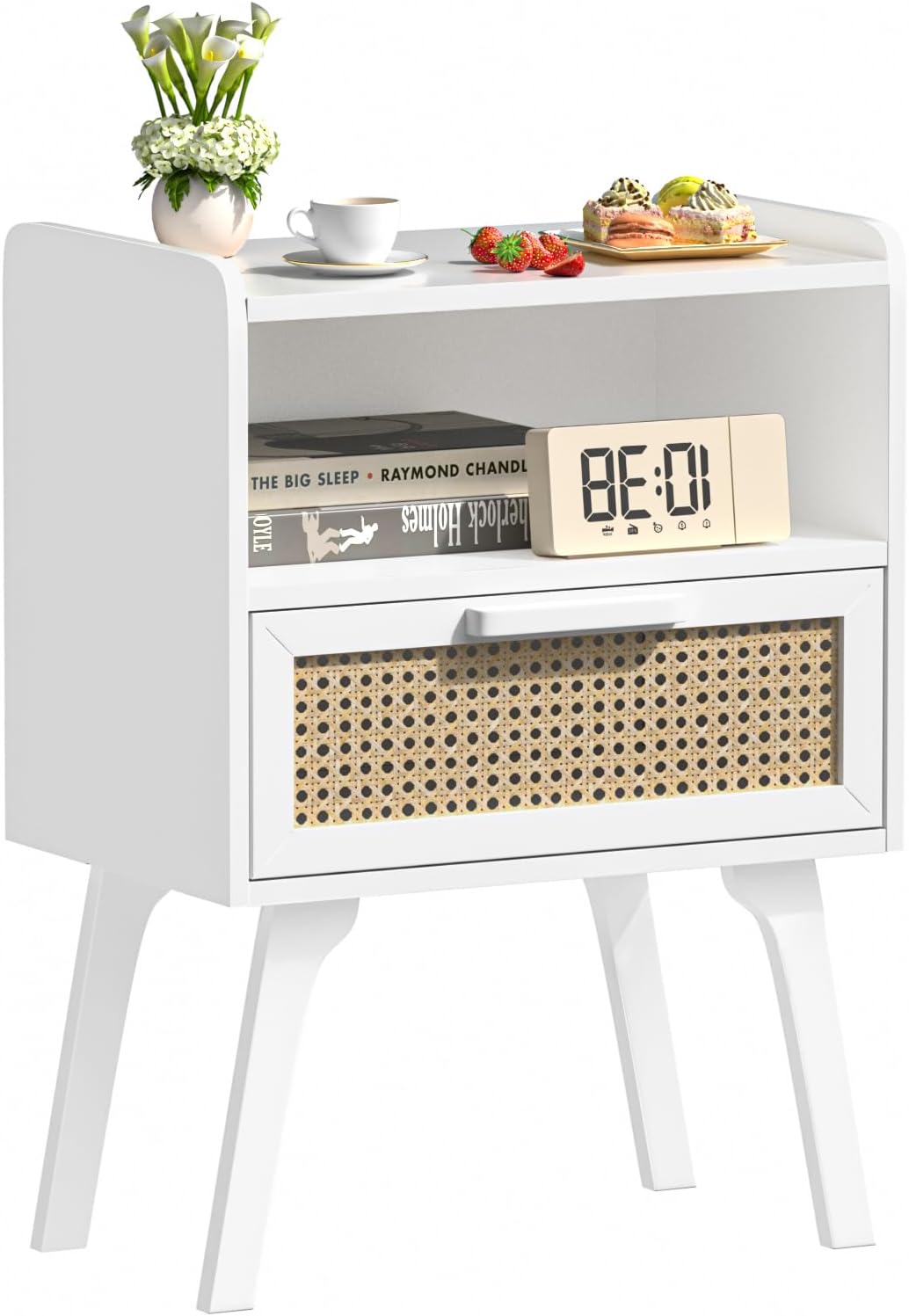 Lerliuo Rattan Nightstand, Bedside Table with Drawer Open Shelf, Cane Accent Side End Table with