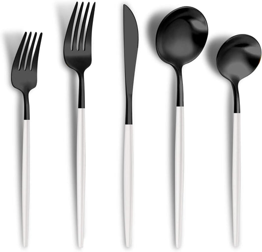 Matte Black White Silverware Set for 4,Modern Stainless Steel Brushed Cutlery Set,20-Pieces Heavy