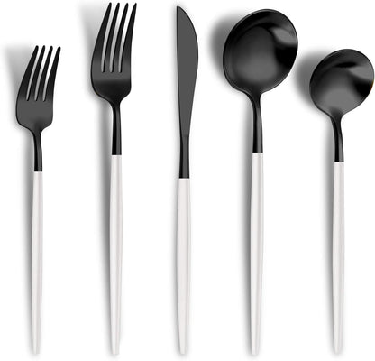 Matte Black White Silverware Set for 6,Modern Stainless Steel Brushed Cutlery Set,30-Pieces Heavy