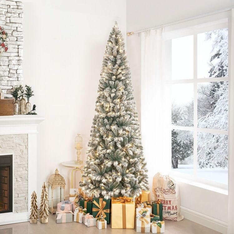 Naomi Home 7.5ft Slim Snow Flocked Christmas Tree with Lights,Realistic Frosted Skinny Pencil