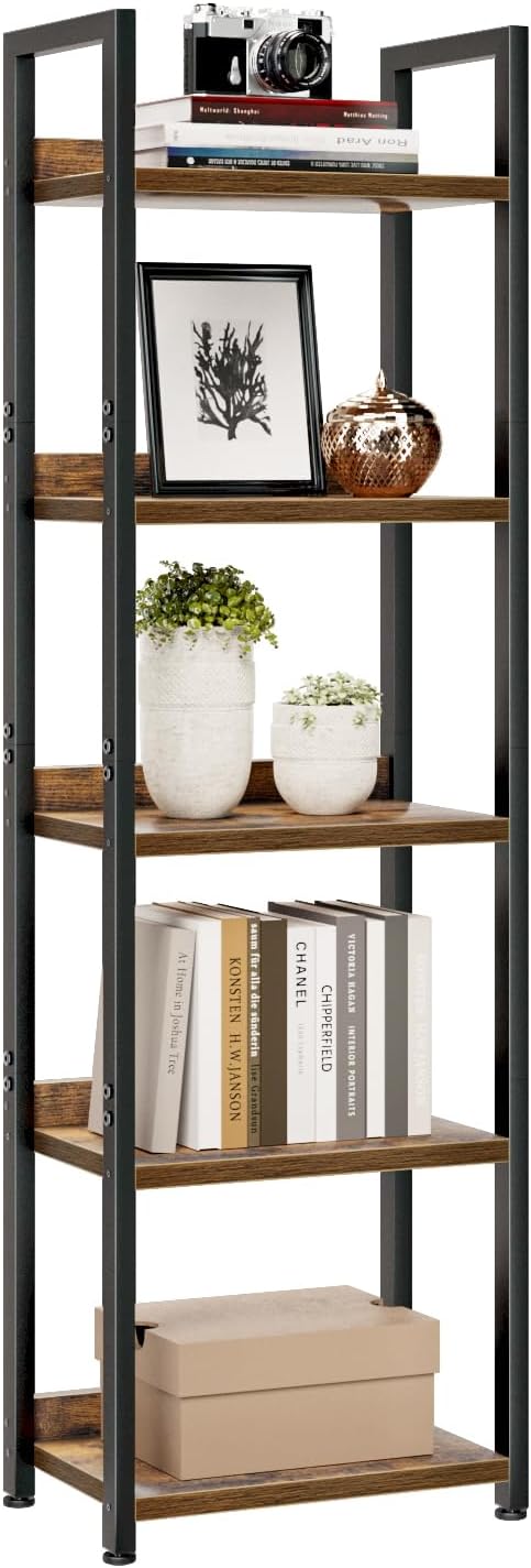 NUMENN Narrow Bookshelf, 5 Tier Bookshelves, Home Office Bookcase Shelf Storage Organizer, Free
