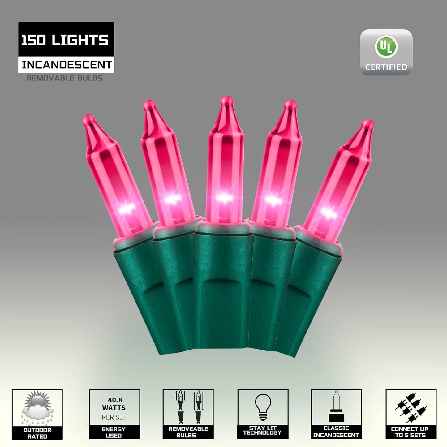 150LIGHTS PINK Extra-Bright With End Connectors Christmas Decorative Lights 9.72m UL Certified Mini