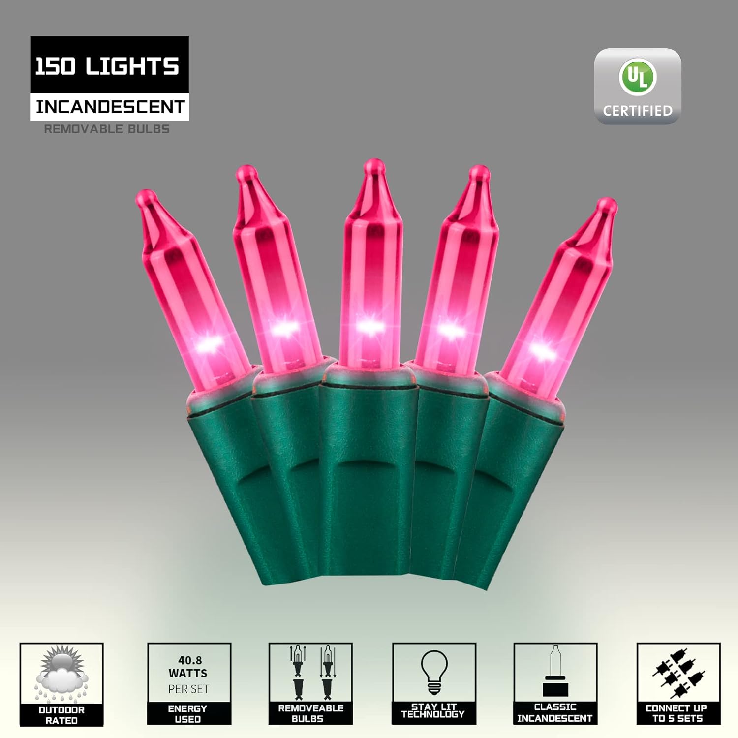 150LIGHTS PINK Extra-Bright With End Connectors Christmas Decorative Lights 9.72m UL Certified Mini