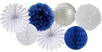 Navy-Blue White Silver Party Decorations - 14pcs Kits Paper Lanterns Fan,Tissue Flower Pom Poms