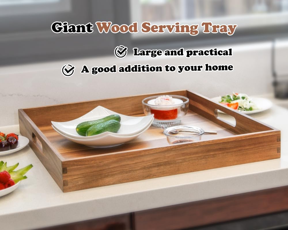 Large Ottoman Tray for Living Room, 20" Extra Large Tray for Ottoman Square Acacia Serving Trays