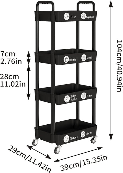 Laiensia 4-Tier Rolling Cart with Wheels,Multifunction Utility Storage carts, Kitchen Storage