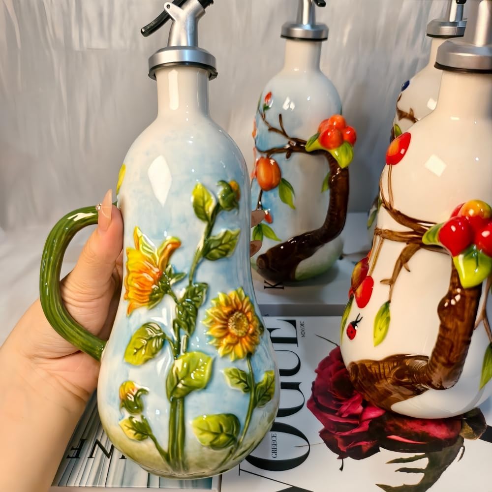 18.26oz/540ml Ceramics Olive Oil Dispenser Bottle,Hand Painted Reliefs Oil Dispenser for