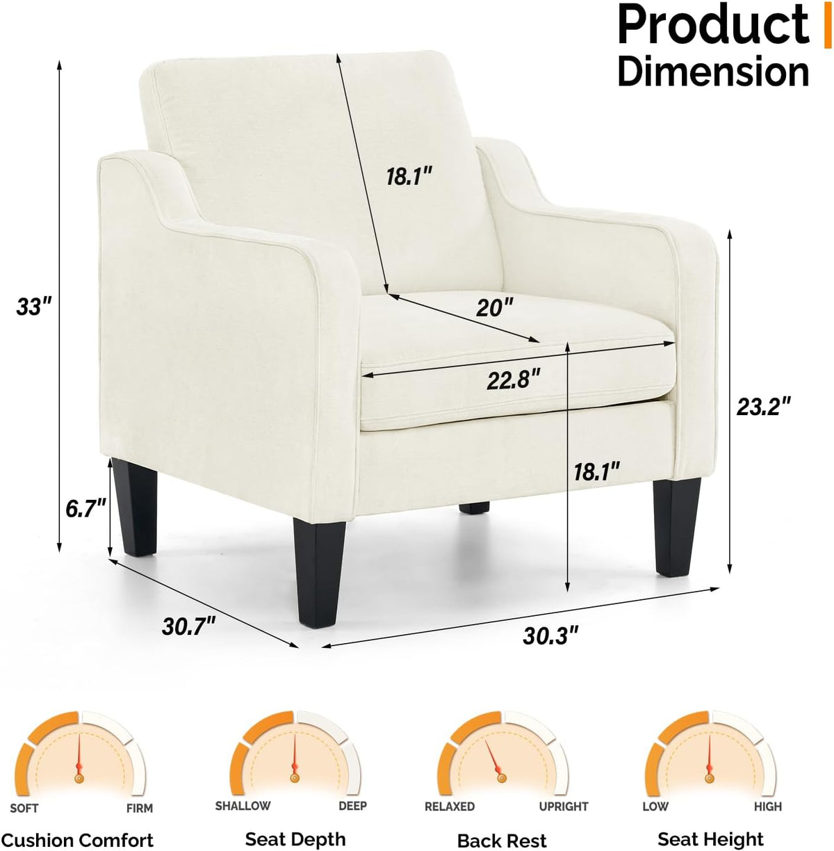 VINGLI Mid Century Modern Accent Chairs for Living Room, Cream White Comfy Reading Chair Soft
