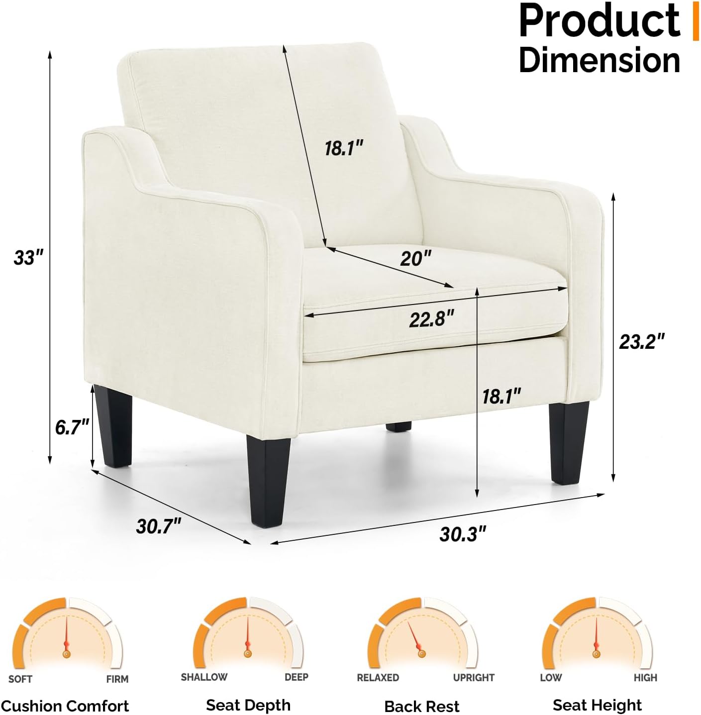 VINGLI Mid Century Modern Accent Chairs for Living Room, Cream White Comfy Reading Chair Soft