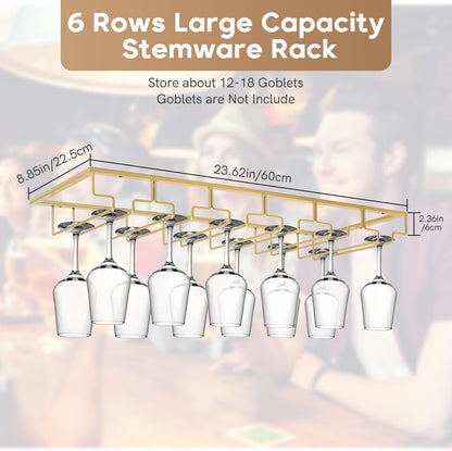 Xverycan Wine Glass Rack Under Cabinet, 6 Row Extreme Large Stemware Hanger, Metal Wine Goblet