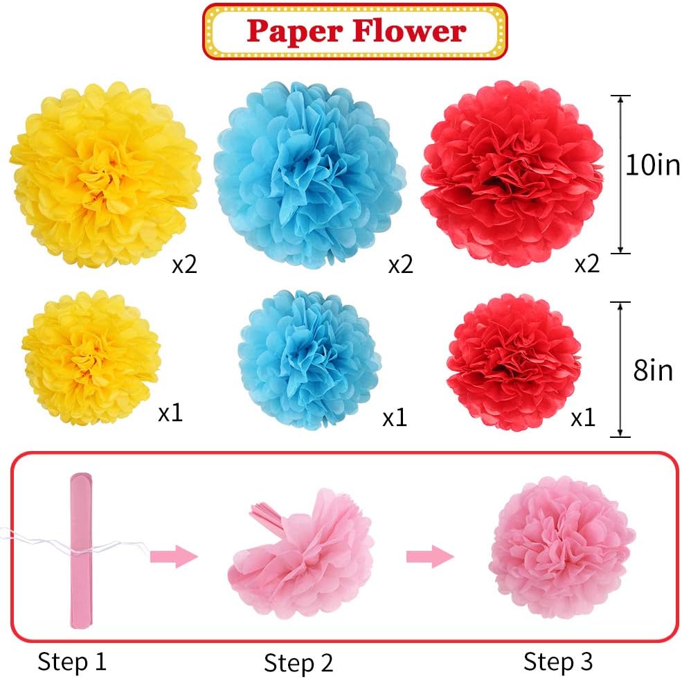 Carnival Circus Party Decorations, Red Yellow Blue Paper Lanterns and Pom Poms Flowers for Birthday