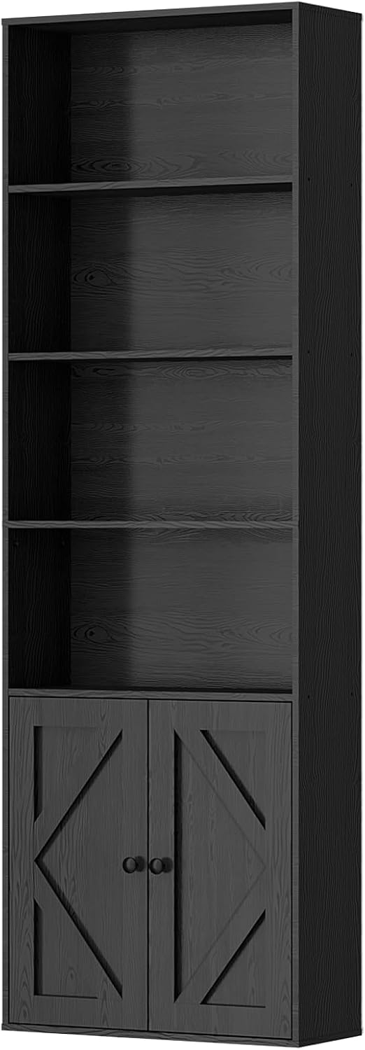 Tall Wooden Bookshelf with Cabinet and Doors – 70.86” Freestanding Tall Bookcase for Heavy Books