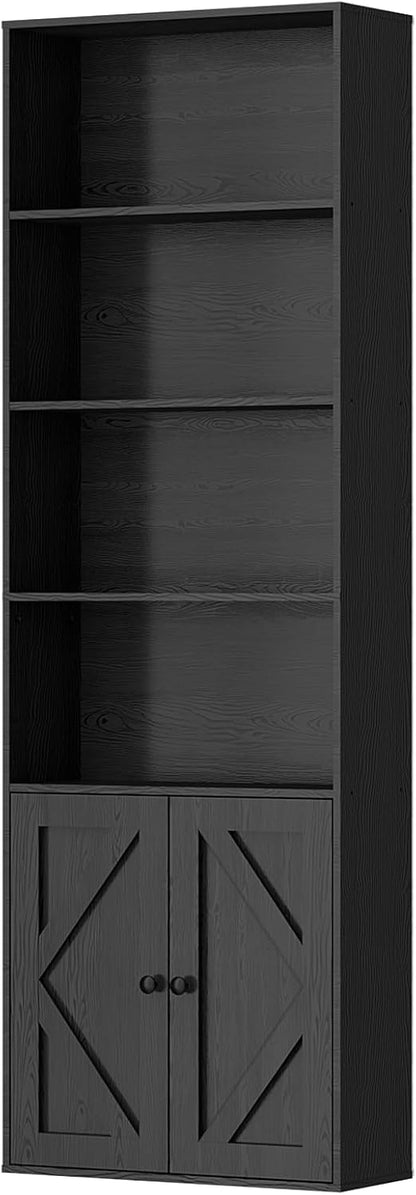 Tall Wooden Bookshelf with Cabinet and Doors – 70.86” Freestanding Tall Bookcase for Heavy Books