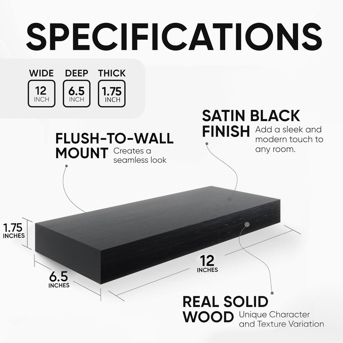 Homeforia Floating Shelf Black 12 inch, High End Solid Real Wood Small 12inch Floating Shelves for