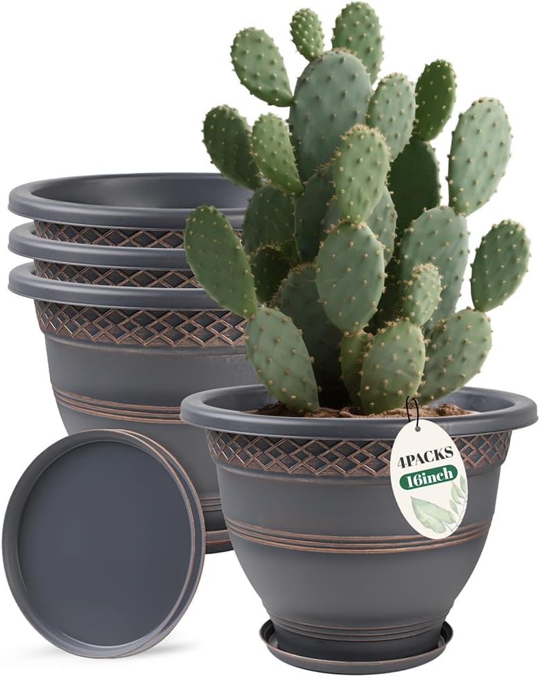 4 Pack 16 Inch Large Plant Pots, Plastic Flower Pot for Indoor & Outdoor with Drainage Holes &
