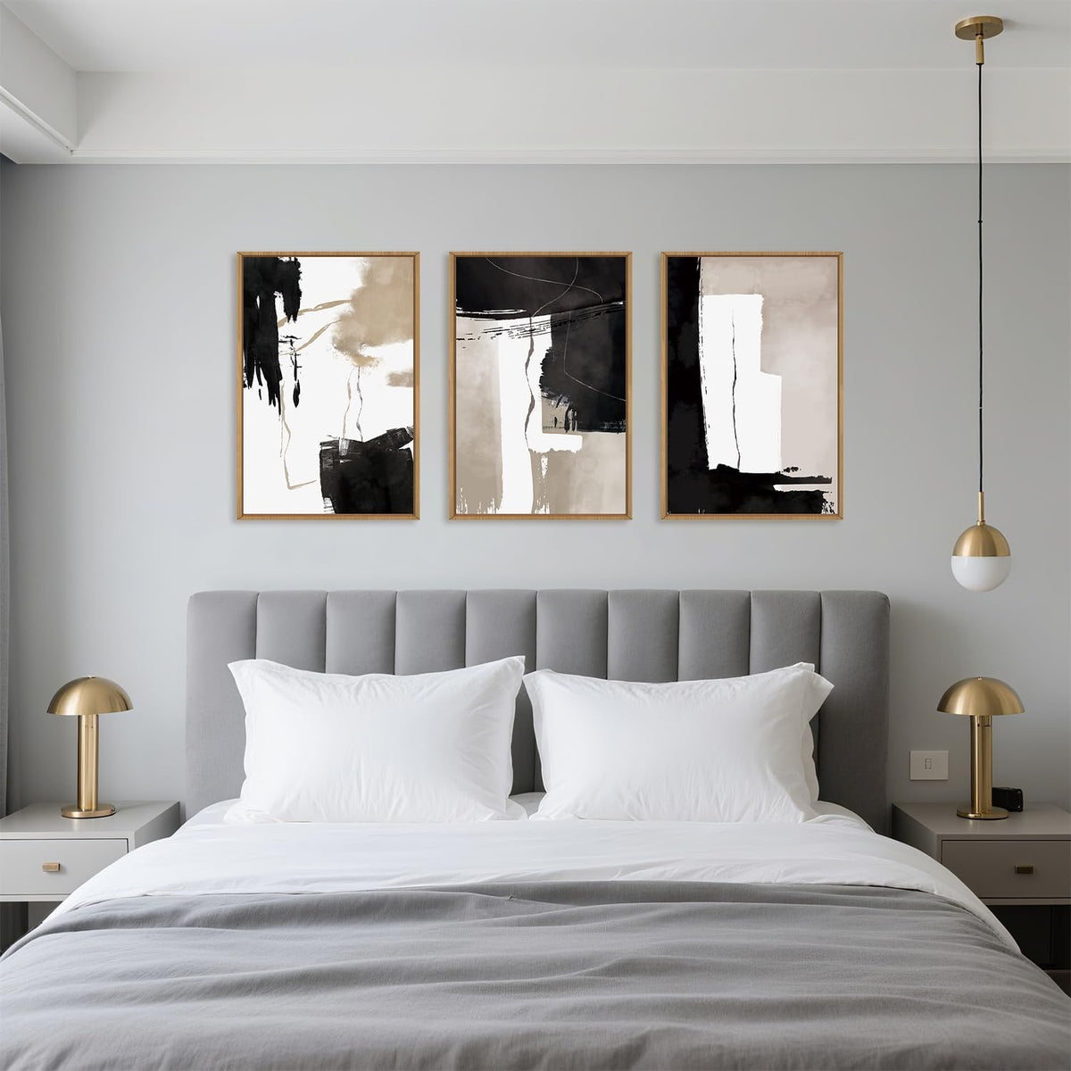 Black White Brown Framed Canvas Wall Art Set, Neutral Geometric Wall Decor, Modern Abstract Wall