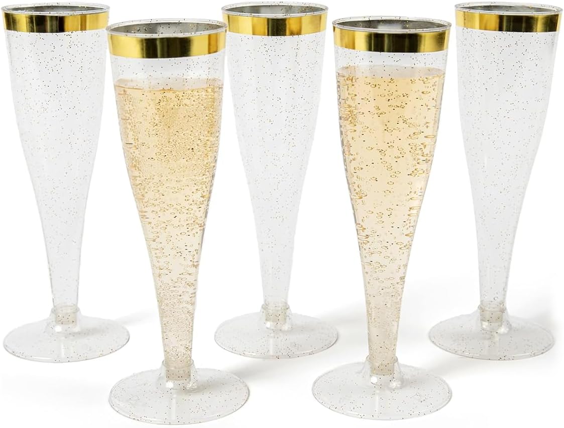 Prestee Set of 24 Plastic Champagne Flutes with Gold Rim - 4.5 oz - Shatterproof Disposable Glasses