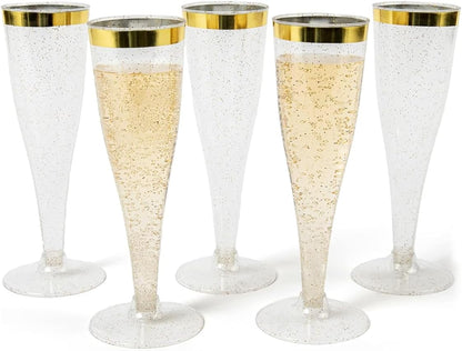Prestee Set of 24 Plastic Champagne Flutes with Gold Rim - 4.5 oz - Shatterproof Disposable Glasses