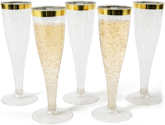 Prestee Set of 24 Plastic Champagne Flutes with Gold Rim - 4.5 oz - Shatterproof Disposable Glasses