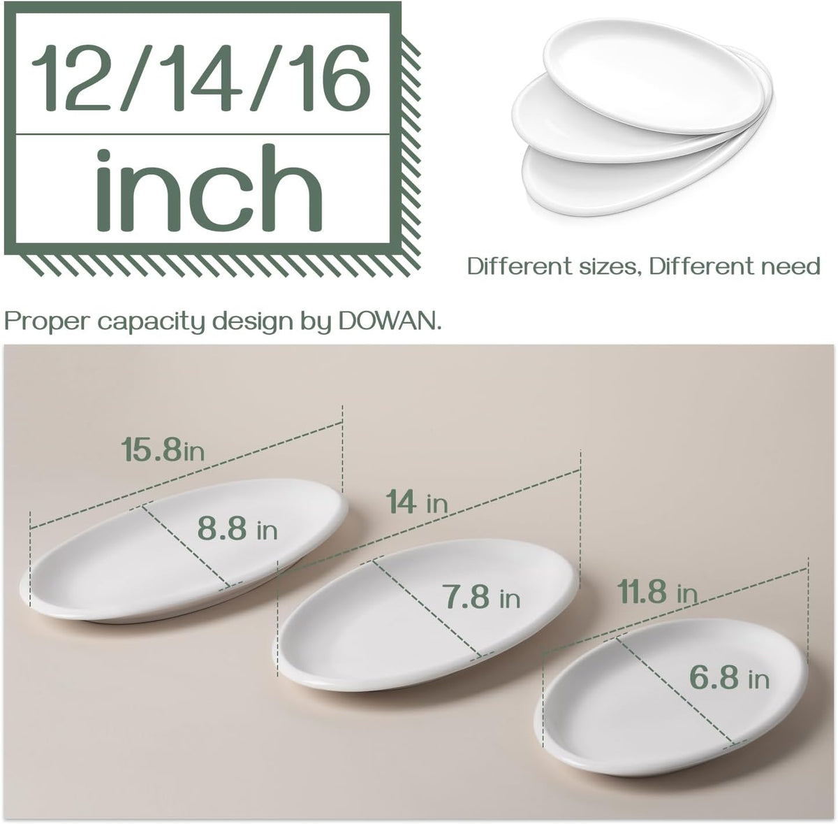 DOWAN Large Serving Platter, 16"/14"/12" Oval Platters Oven Safe, White Serving Plates for Wedding