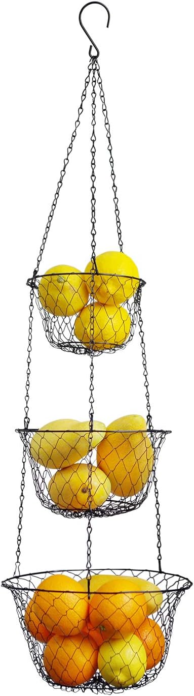 malmo 3-Tier Wire Fruit Hanging Basket, Vegetable Kitchen Storage Basket, Iron Wire Black
