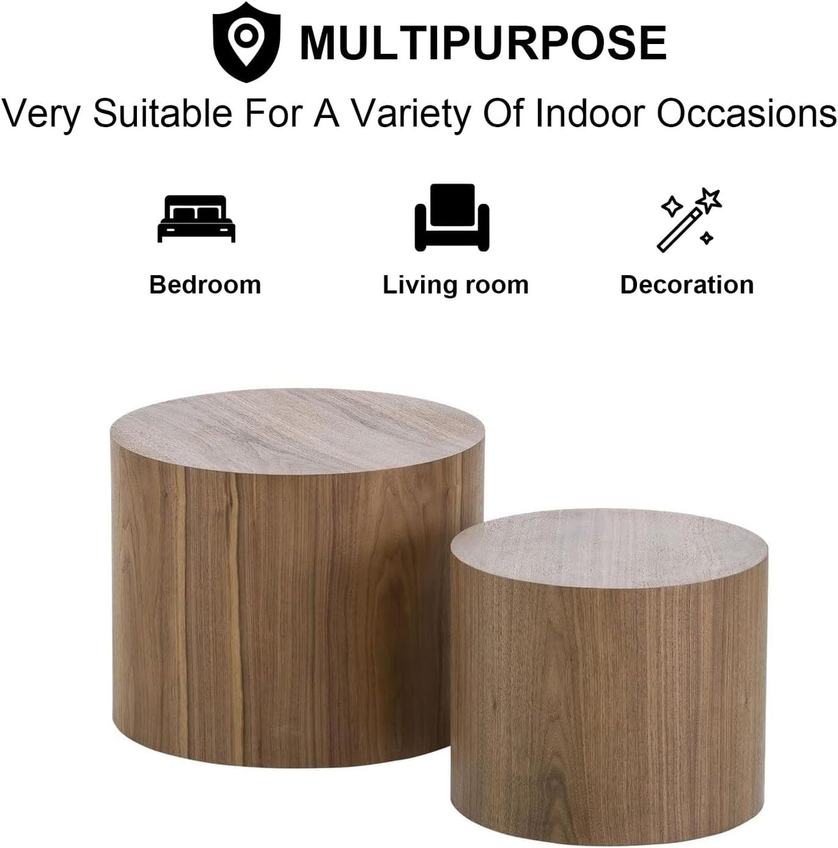 Nesting Coffee Table Set of 2, Modern Round Coffee Table with Non-Slip Feet, Walnut Wooden Circle