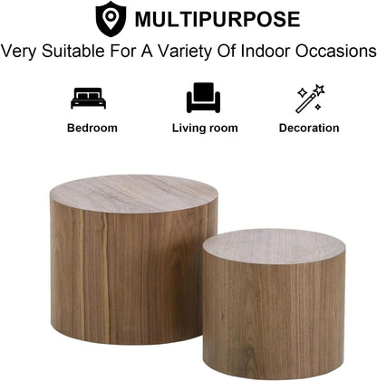 Nesting Coffee Table Set of 2, Modern Round Coffee Table with Non-Slip Feet, Walnut Wooden Circle
