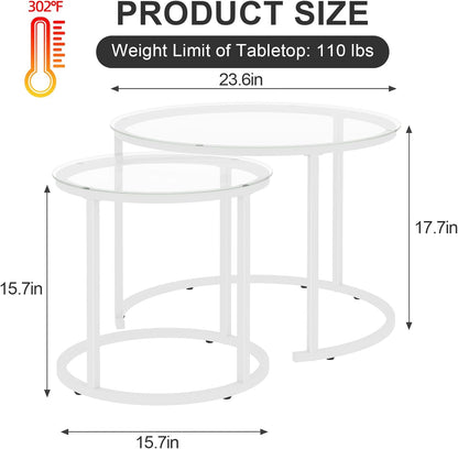 aboxoo White Nesting Glass Table Set of 2, Small Glass Round Nesting Tables for Living Room