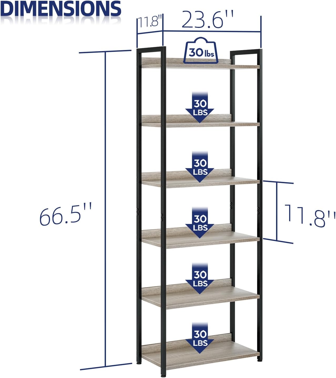 NUMENN Bookshelf, 6 Tier Bookshelves, Home Office Bookcase Shelf Storage Organizer, Free Standing