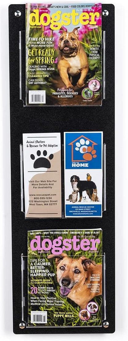 Displays2go Tiered Magazine Holder for Wall, 3-6 Adjustable Pockets, Frameless Acrylic - Black