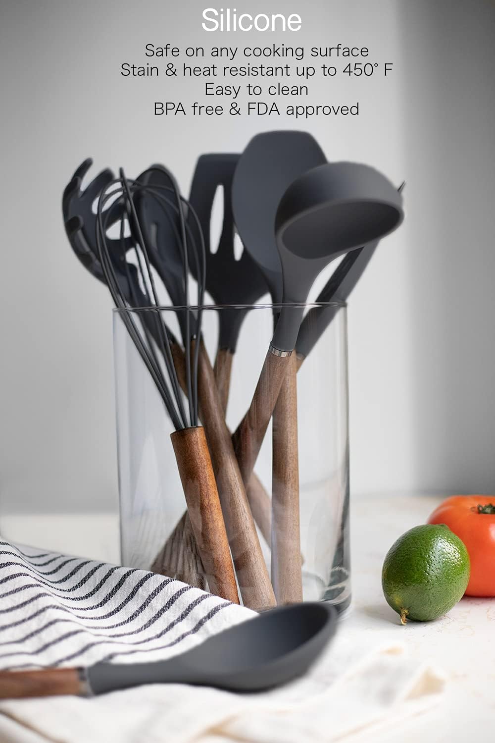 Country Kitchen Non Stick Silicone Utensil Set with Rounded Wood Handles for Cooking and Baking, 8