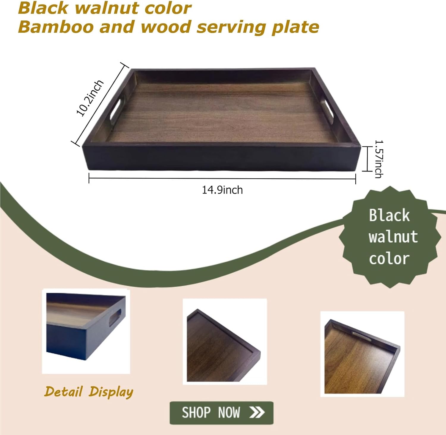 Large Bamboo Wooden Tray with Handles, Rectangular Natural Solid Wood, Black Walnut Color Serving