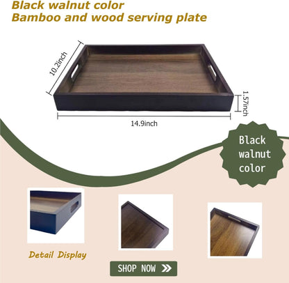 Large Bamboo Wooden Tray with Handles, Rectangular Natural Solid Wood, Black Walnut Color Serving