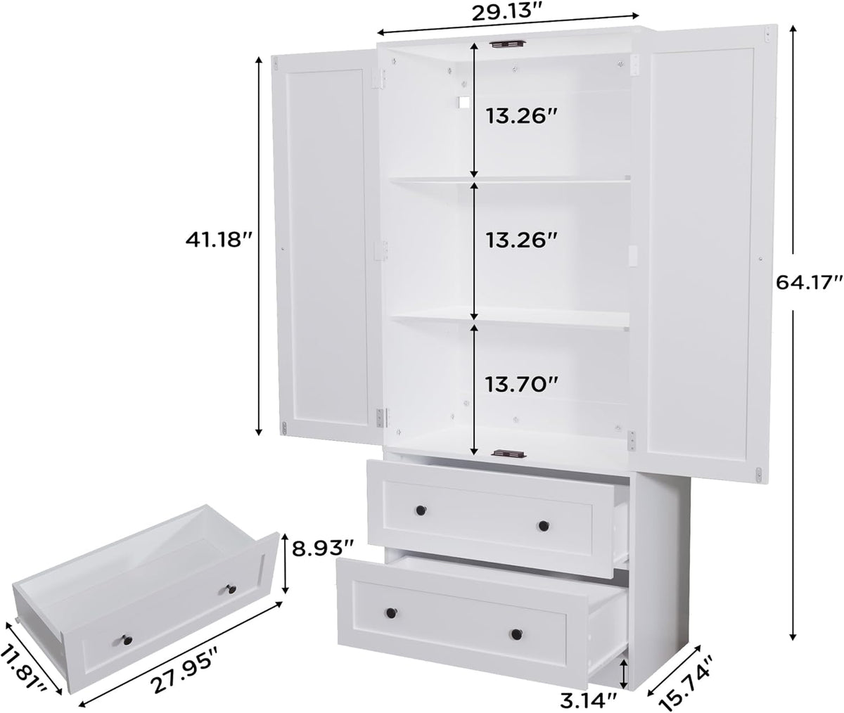 64.2" Tall White Kitchen Pantry, Storage Cabinet with Doors and Drawers, Freestanding Wooden